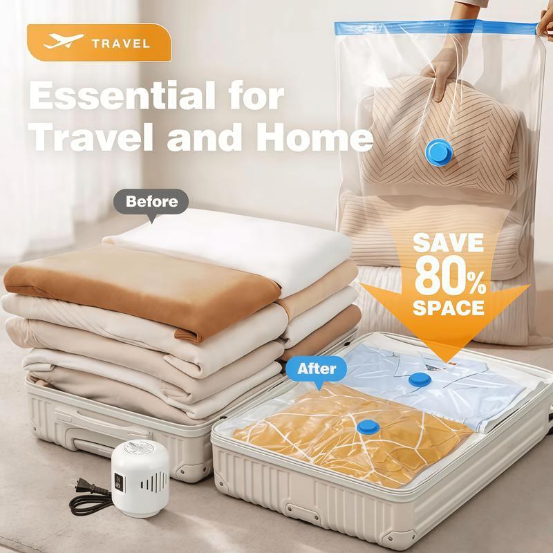 【2026 Upgraded】Travel Vacuum Bag Set Vacuum Bags for Travel with Wired air Pump, 12 Pack Carry-on Size Compression Packing Bags for Luggage and Suitcase, Space Saver for Clothes and Clothing Travel Zipper Pouches