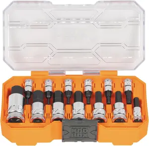 Klein Tools 65213HEX Knurled Hex Bit SAE Socket Set, 1/4, 3/8 and 1/2-Inch Drives, Premium Cr-V Steel, SAE Sizes 5/64 to 9/16-Inch, MODbox Case, 13-Piece