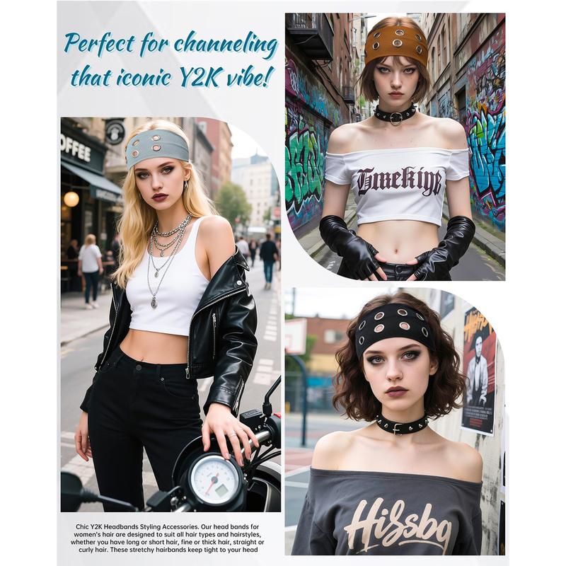 Punk Grunge Hollowed Out Metal Eyelets Wide Elastic Headband For Girl Women Rock Style Steampunk Stretchy Headbands Hair Accessorie