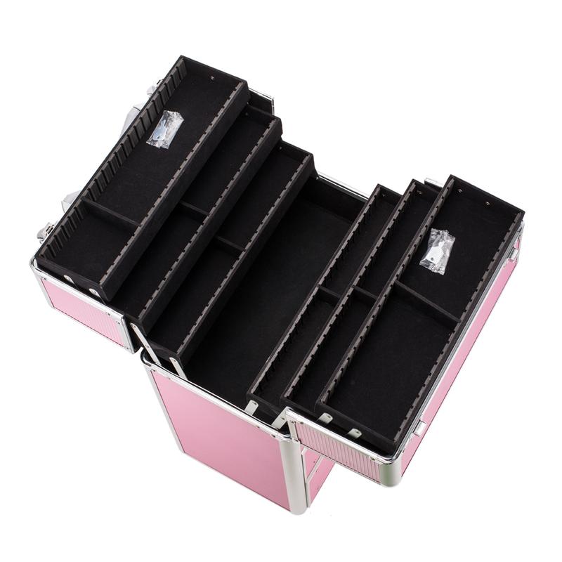 4 Tier Lockable Cosmetic Makeup Train Case with Extendable Trays Pink Aluminum Frame Travel Companion Secure Storage Stackable 6 Drawers Adjustable Handle