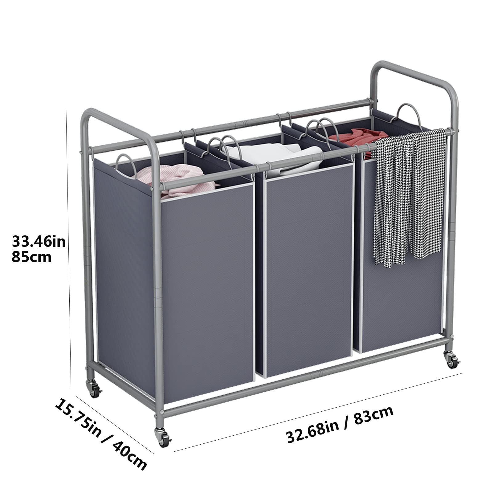3 Section Laundry Sorter, 3 Bag Laundry Hamper Cart with Heavy Duty Rolling Lockable Wheels and Removable Bags, Laundry Organizer Laundry Basket Laundry Clothes Separator Hamper Container Black Deals For You Days