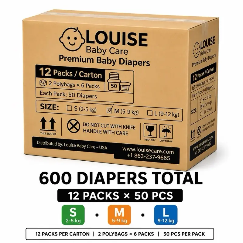 Premium Disposable Baby Diapers, 0-x Age Range, 50-PCS Pack & 600-PCS Wholesale Box, Ultra Soft & Comfortable Design, Leak Protection