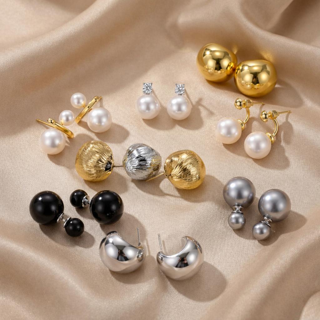 KatchMe Women's Elegant Double-Sided Pearl Earrings, White Vintage Faux Pearl Earrings Set, Fashion Jewelry for Women