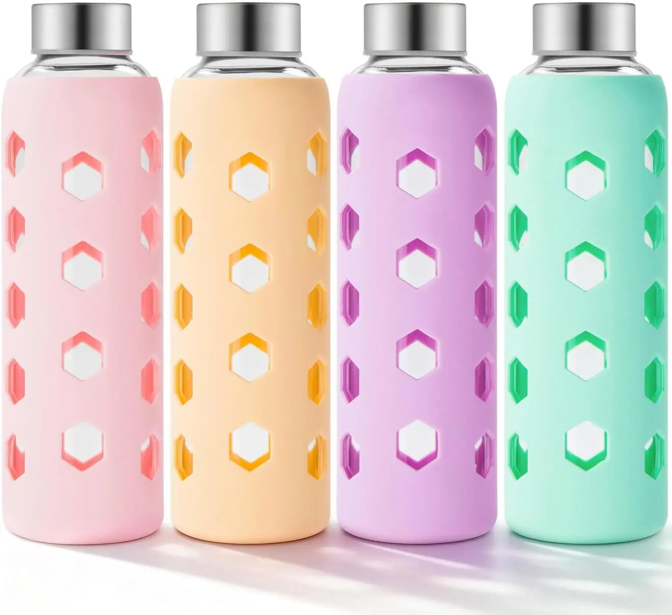 18 oz Glass Water Bottles with Lids & Silicone Sleeves, 4-Pack | BPA Free, Leak-Proof Reusable Glass Drinking Bottles with Stainless Steel Airtight Cap for Juicing, Dishwasher Safe, Non-Slip