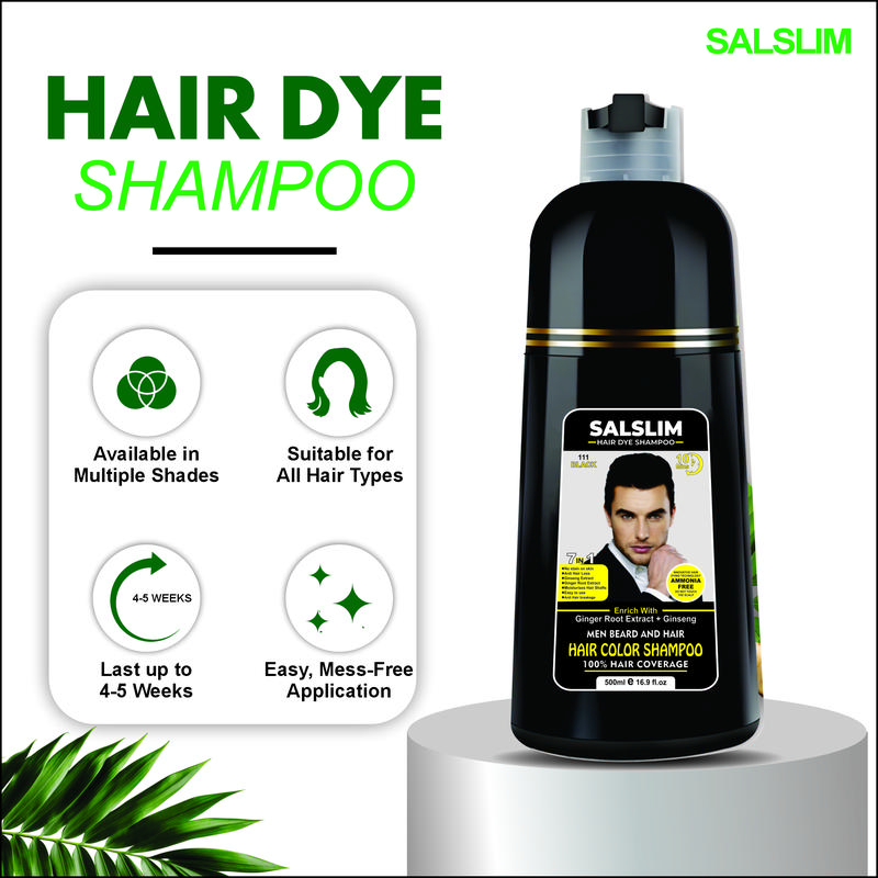 SALSLIM 7-in-1 Men Hair & Beard Dye Shampoo | Instant Gray Coverage | Ammonia-Free | Ginger Root & Ginseng | 500ml