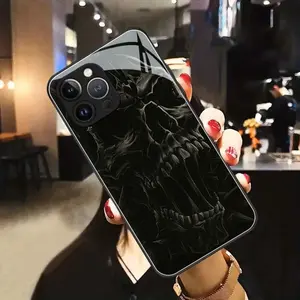 Creatively Designed And Stylish Phone Case Featuring a Dark, Exaggerated Linework Skull, Made of Black Tempered Glass, Compatible with Various for iPhone Including 17 16 15 14 13 12 11 PRO MAX PLUS, AIR Series. Scratch-resistant and Dust-proof Phone Case