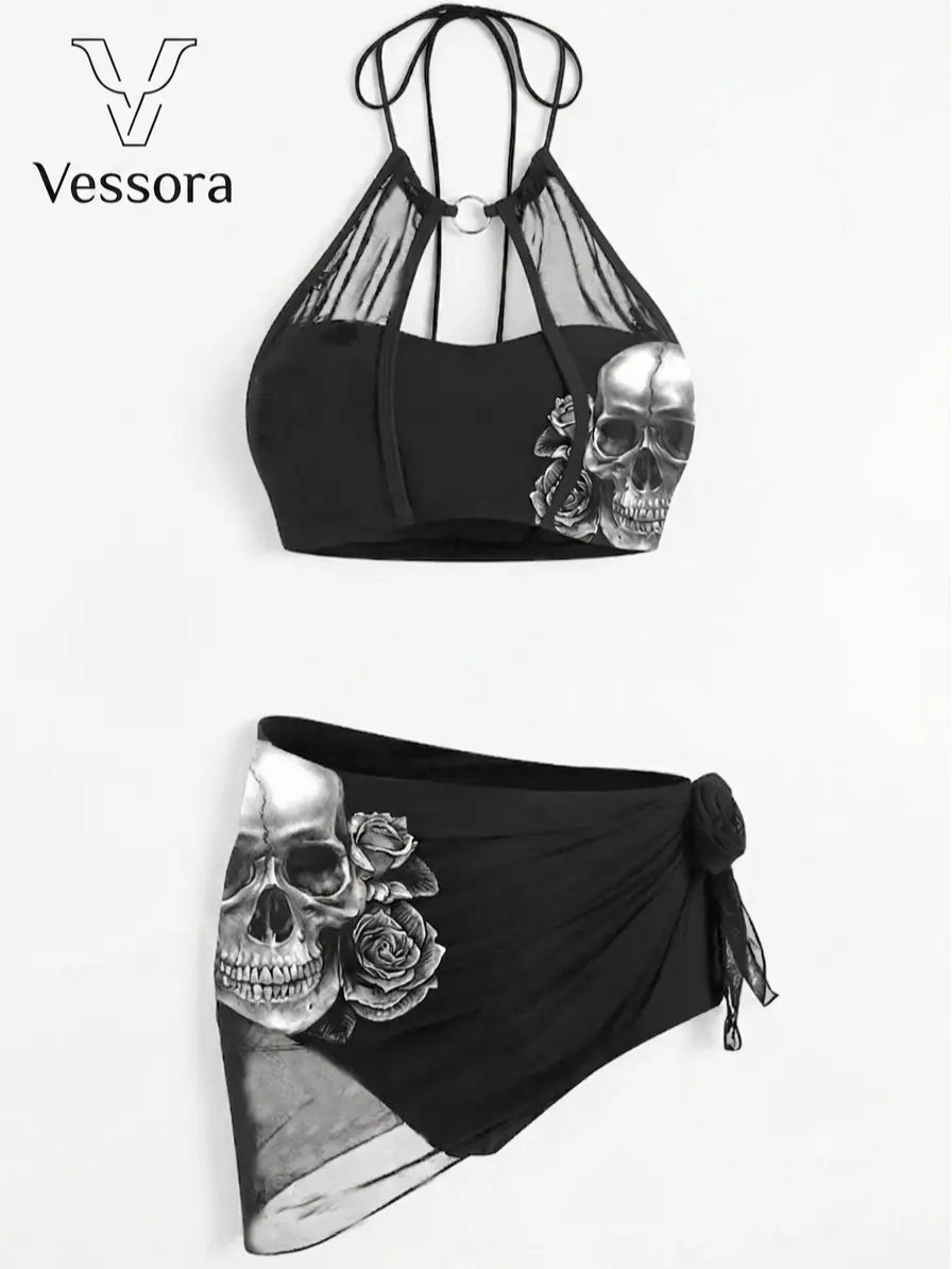 Vessora Women’s Gothic Skull Rose Bikini Set, Mesh Panel Halter Swimsuit with Sarong Wrap, Grunge Y2K High Waist Sexy Bathing Suit for Beach Vacation Pool Party