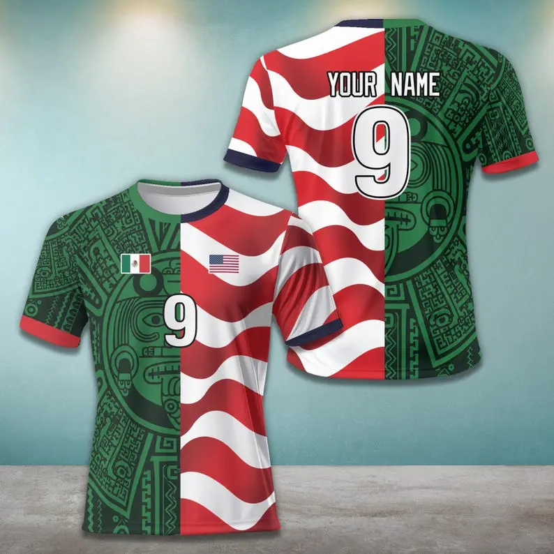 Mexico USA Split Soccer Jersey, Personalized Mexican American Football Shirt, Aztec Heritage Graphic Jersey, Custom Name Number Game Day Sportswear