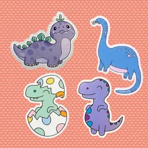 Cute Dino Vinyl Sticker books Set 4PCS, Chubby Purple Dinosaur, Happy Dino Egg, Blue Apatosaurus, Laptop, Journal Decals