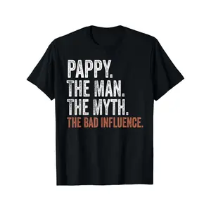 Men's Plus Size Black Casual Crew Neck T-Shirt - PAPPY The Man The Myth The Bad Influence, Distressed Bold Lettering, Humorous Graphic Tee for Everyday Wear Crewneck Menswear