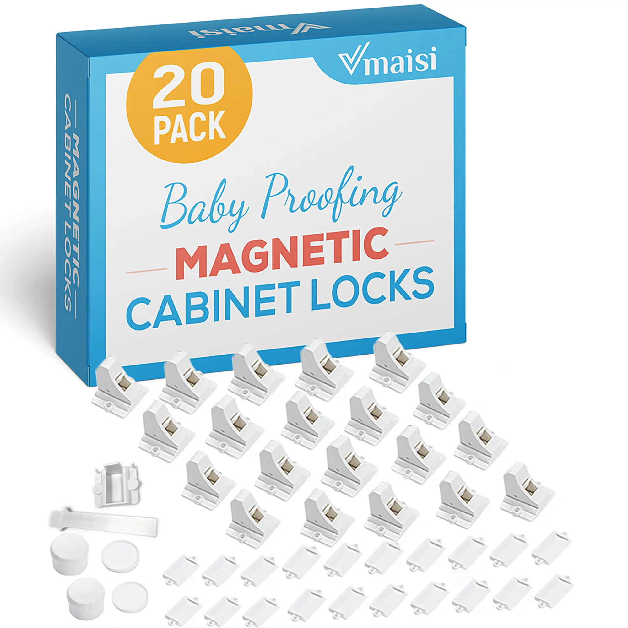Vmaisi Baby Proofing Magnetic Cabinet Locks 20 Pack with 2 Keys Adhesive for Kitchen Drawers & Cabinets Invisible from Outside Extra Strong for Kids Safety