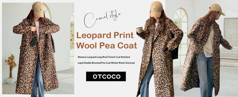 utcoco Womens Leopard Long Wool Trench Coat Notched Lapel Double Breasted Pea Coat Winter Warm Overcoat winter  clothes  women