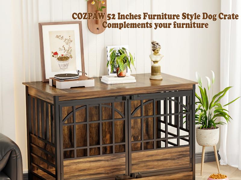 COZPAW Heavy Duty Dog Crate Furniture, 52 Inch Wooden Dog Kennel Indoor for XLarge Breed, Dog Crates for Large Dogs with Double Doors, Decorate as House TV Stand, End Table-White Brown
