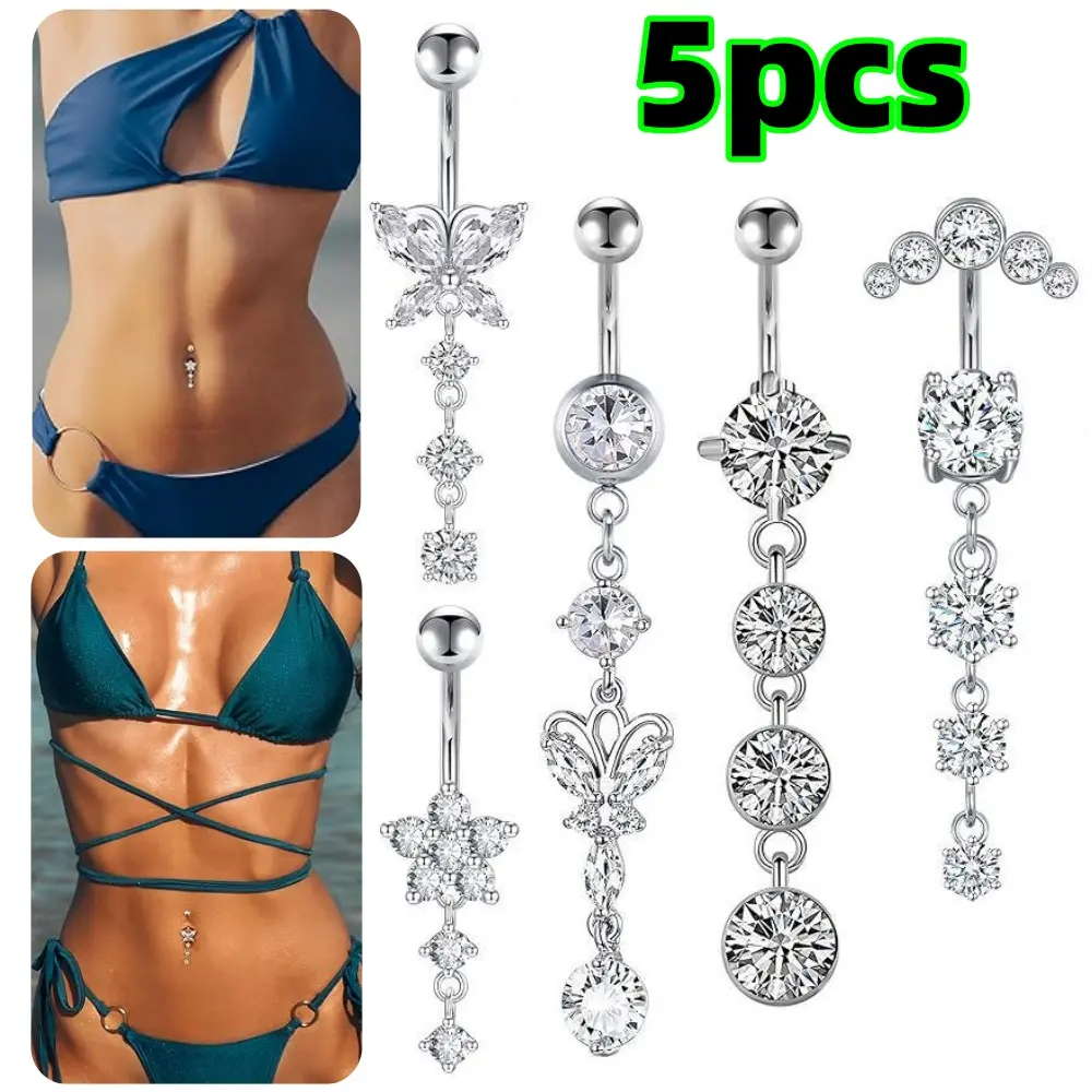 5 pcs Silver Stainless steel zircon Belly Button Rings Hypoallergenic Navel Belly Button Piercing Jewelry Dangle Belly Button Rings for Women Fashion Accessories