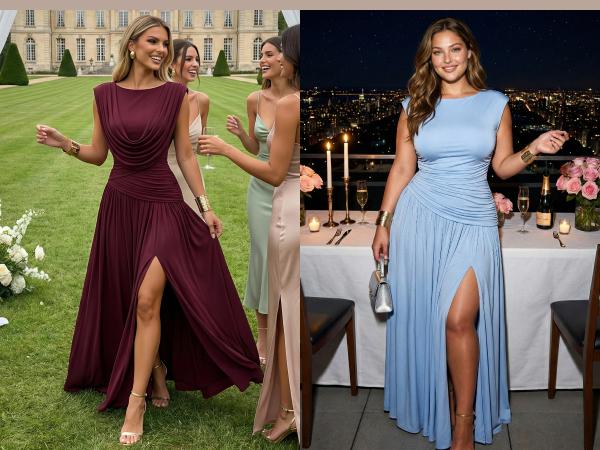 CurvySweet Women's Sleeveless Convertible Cowl Neck Ruched Waist Slim Fit Maxi Dress for Wedding Guest Cocktail Party Evening