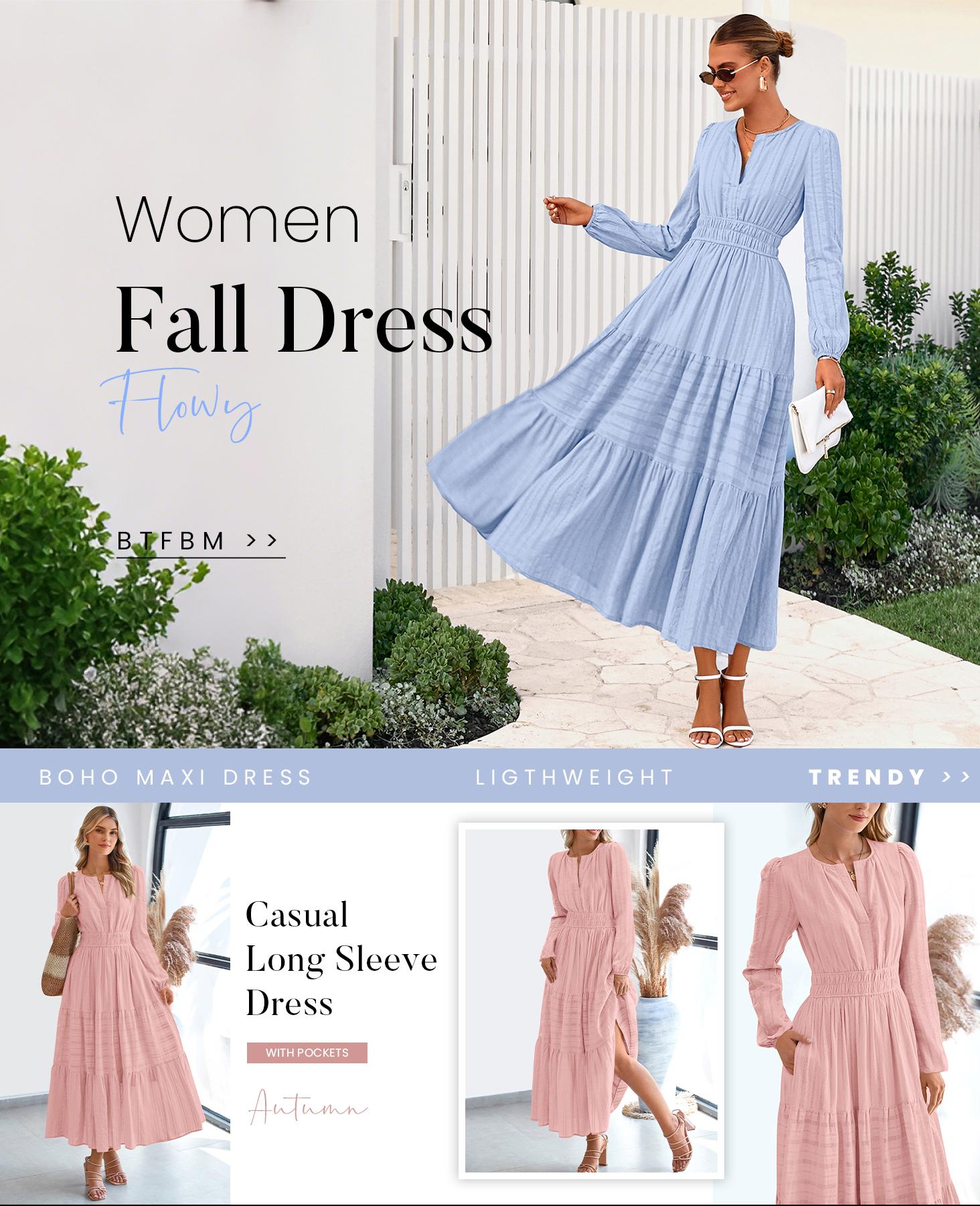BTFBM Fall Dresses for Women 2026 Casual Long Sleeve V Neck Elastic Waist Lightweight Maxi Wedding Guest Dress Pockets