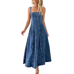 CHOUYATOU Women's A-line Adjustable Ripped Denim Suspender Dress, Long Denim Suspender Dress CHOUYATOU Women's A-line Adjustable Ripped Denim Suspender Dress, Long Denim Suspender Dress