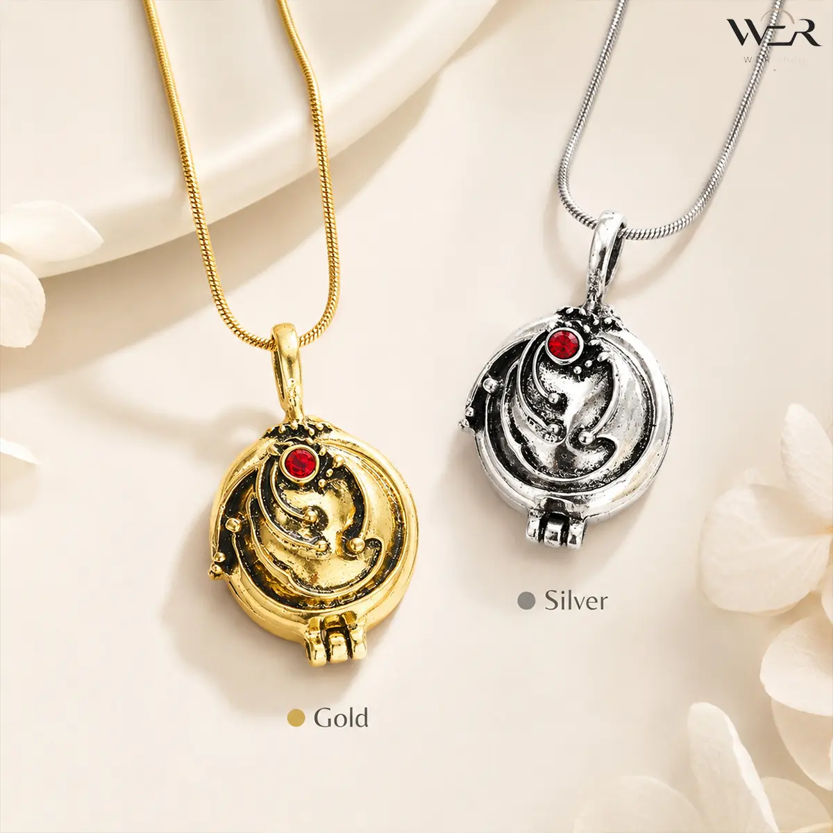 Circular Emblem Necklaces for Women, Artistic Swirl Design in Gold or Silver Tone with Red Gemstone, Lightweight Statement Piece, Elegant Jewelry and Meaningful Gifts, Round Locket Pendant Necklace, Gold Aesthetic, Divine Feminine, Swirling Swirls