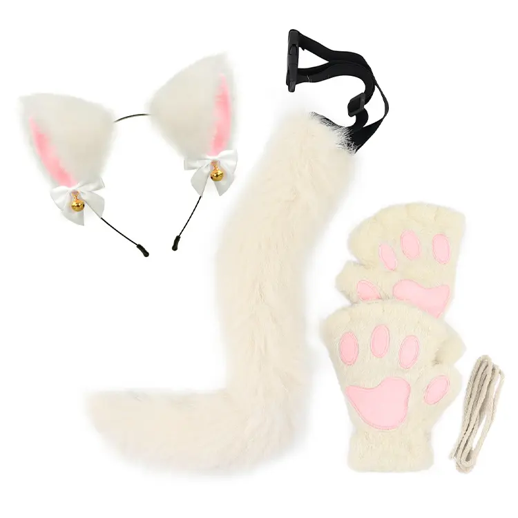 Cute Fluffy Cat Girl Costume Set – Plush Cat Ears Headband, Tail & Paw Gloves for Halloween Party & Anime Cosplay