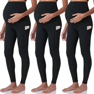 POSHDIVAH 3 Pack Women's Maternity Workout Leggings Over The Belly Pregnancy Yoga Pants with Pockets