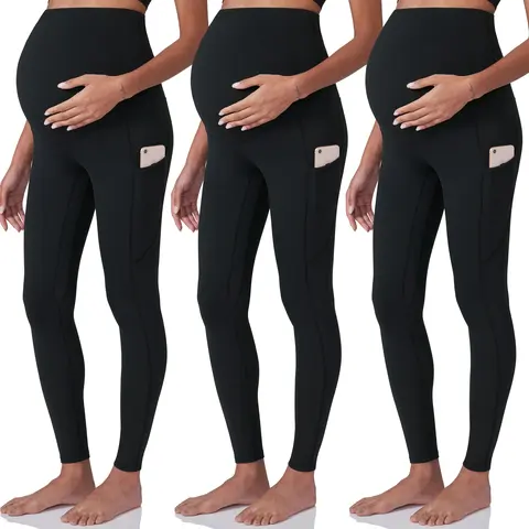 POSHDIVAH Women's 3-Pack Maternity Leggings - Over-The-Belly 4-way Stretch Move Prenatal Maternity Clothing, Locking Top (Fights Slipping), Pockets, Pregnancy Clothes for Workout, Shopping
