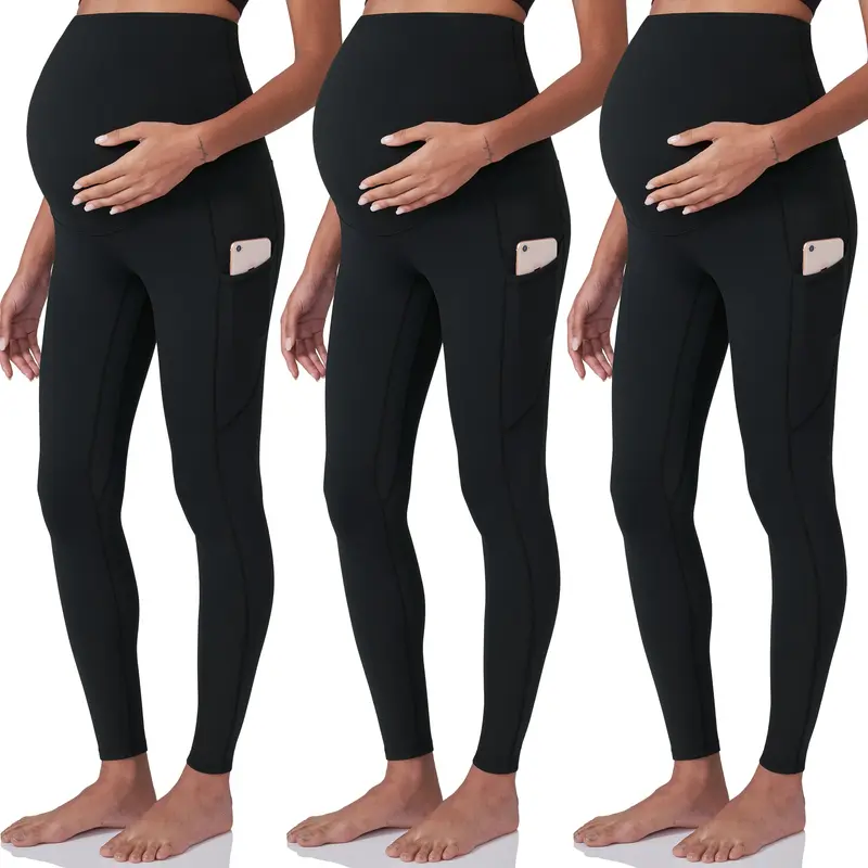 POSHDIVAH Women's 3-Pack Maternity Leggings - Over-The-Belly 4-way Stretch Move Prenatal Maternity Clothing, Locking Top (Fights Slipping), Pockets, Pregnancy Clothes for Workout, Shopping
