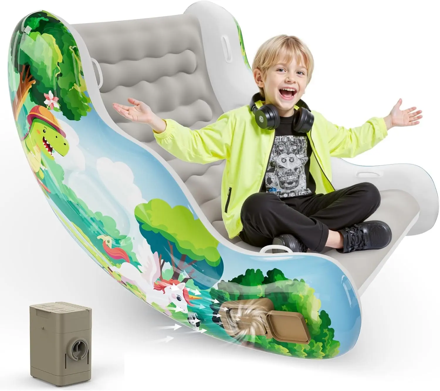 Crakrora Child-Sized Montessori Rocking Sensory Chair for 3-8 Year Old Toddlers, Inflatable Air Cloud Rocker Sofa, Sensory Room Supplies for Autism ADHD, Premium Leak-Proof PVC, Portable Inflation, Self-Soothing Motor Skills Training Gifts, Child-Sized Ro