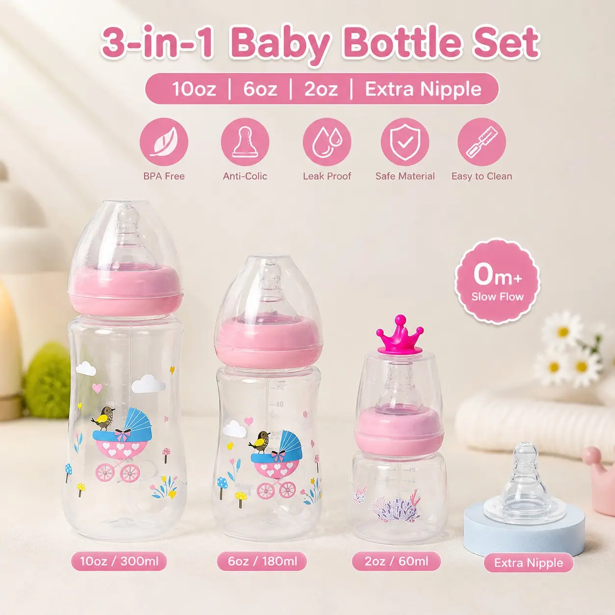Newborn Breastfeeding Set, Includes 3 Bottles For Breastfeeding Babies, 1 Replacement Nipple, Wide Neck, Unisex Baby Bottle Kit, Essential Infant Feeding Supplies, Feeding Accessories