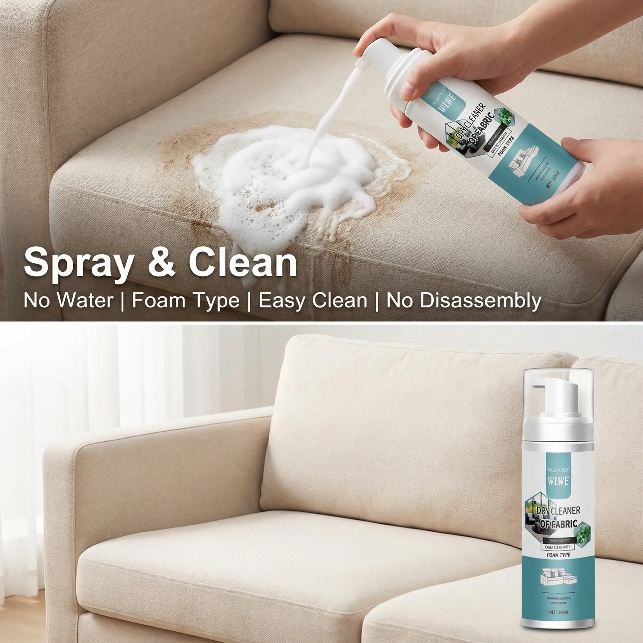 Foam Fabric All-Purpose Cleaner Spray, 200ml Waterless Spot Cleaner, Multifunctional Care Spray for Non-Dismantling Household Furniture, Sofas and Seat Cleaner