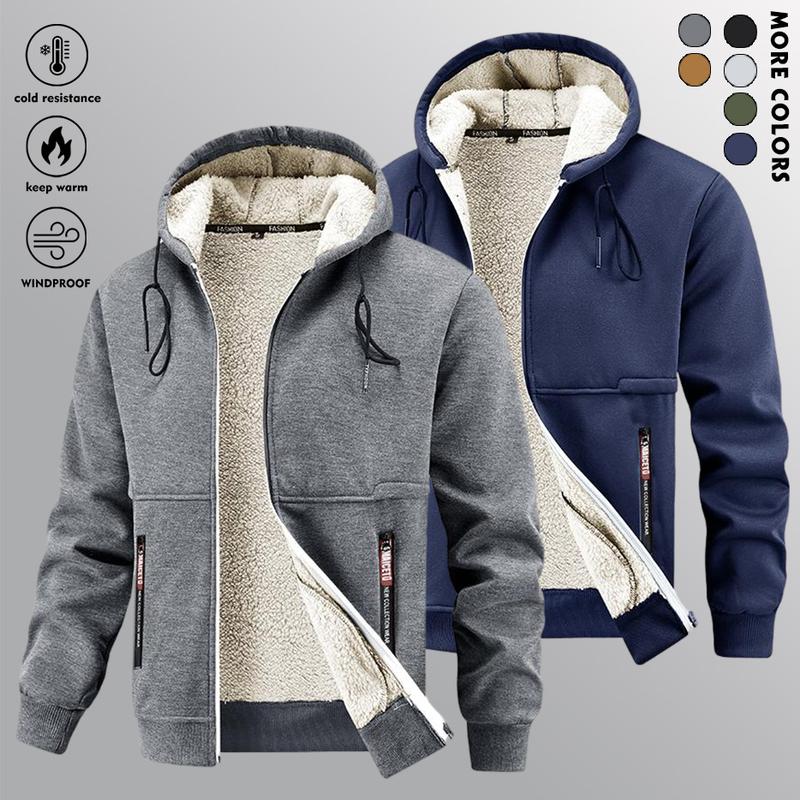 Men's fleece-lined zip-up jacket with hood, warm and cozy for winter weather, featuring pockets and soft fabric, perfect for gym, skiing, outdoor activities - machine washable cold weather apparel Casual