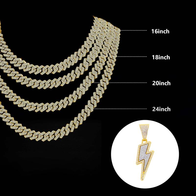 Bling Lightning Bolt Necklace Thick Cuban Link Chain Rapper Hip Hop Costume Jewelry with Sparkly Lightning Charms for Men Women Hip Hop Jewelry
