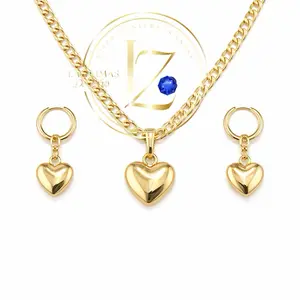 Cuban Chain 18 inch Heart Pendant and Earring Set with Heart Design for Everyday Wear