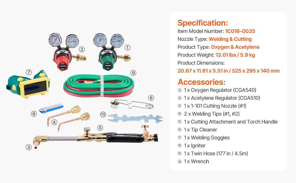 Oxygen Acetylene Torch Kit 12PCS Gas Welding Cutting Torch Kit 177'' Hose