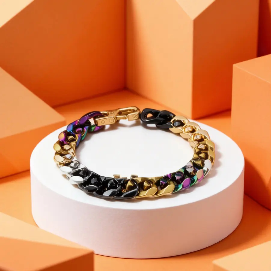 Black gold colorful gradient Cuban bracelet, heavy-duty thick metal chain adjustable spring buckle, personalized trendy accessory