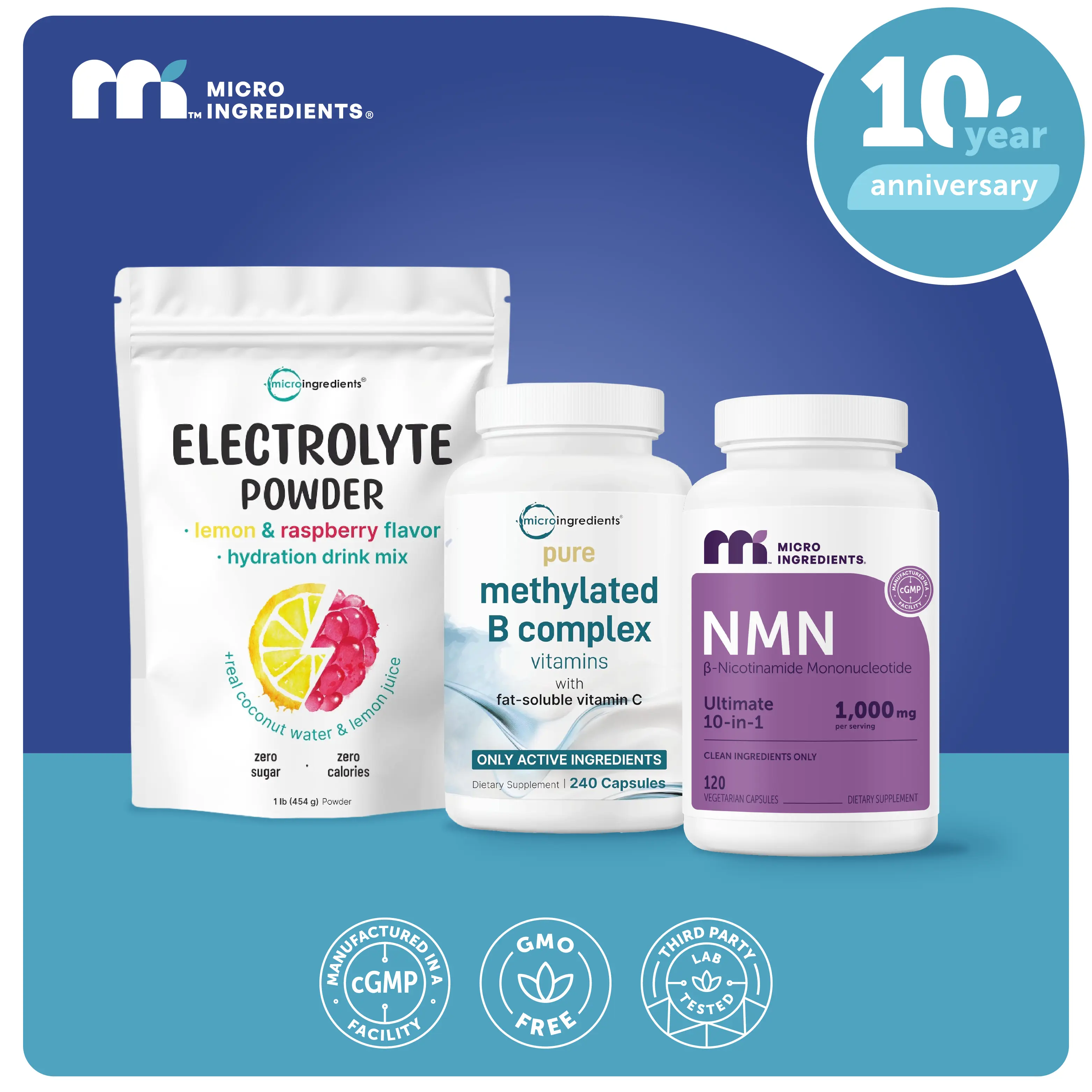 Drew Review's Balanced Vitality Bundle: NMN complex 1000mg Capsules, Electrolyte Powder (Lemon Raspberry Flavor), Methylated B Complex Capsules