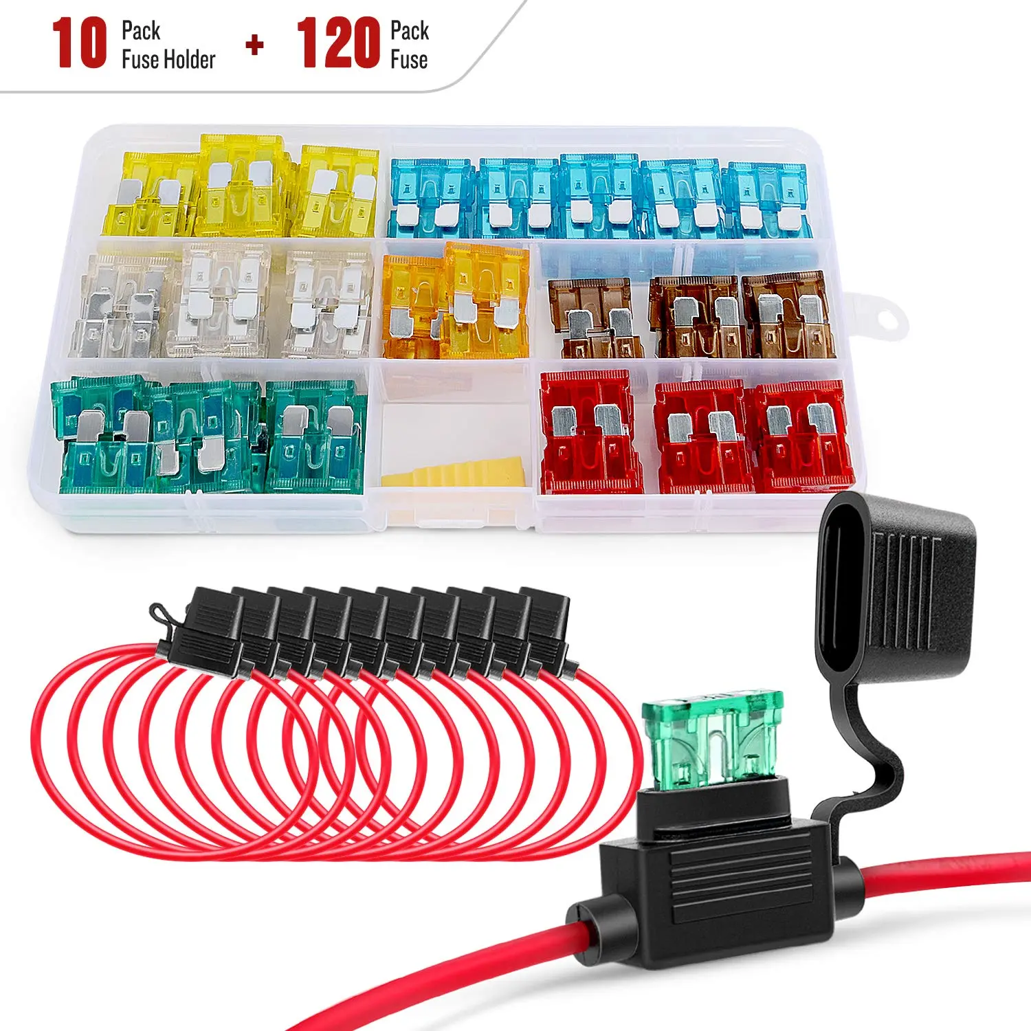 Nilight 120-Pcs Assorted Standard Blade Fuse Set, 5A/7.5A/10A/15A/20A/25A/30A Ratings, 10-Pack 14AWG ATC/ATO Inline Holders, Fuse Puller, 19.1 x 18.1 x 5.1 mm Size, 2-Year Warranty for Trucks, Boats, 1 Count