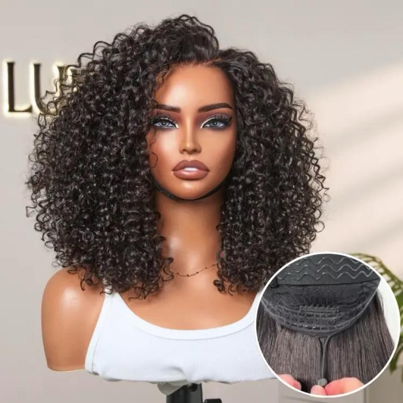 LUVME 100% Human Hair 5x5 Closure Lace Glueless Wig Put On and Go Fluffy Kinky Curl 220% Density Pre-bleached Pre-pluck Pre-cut