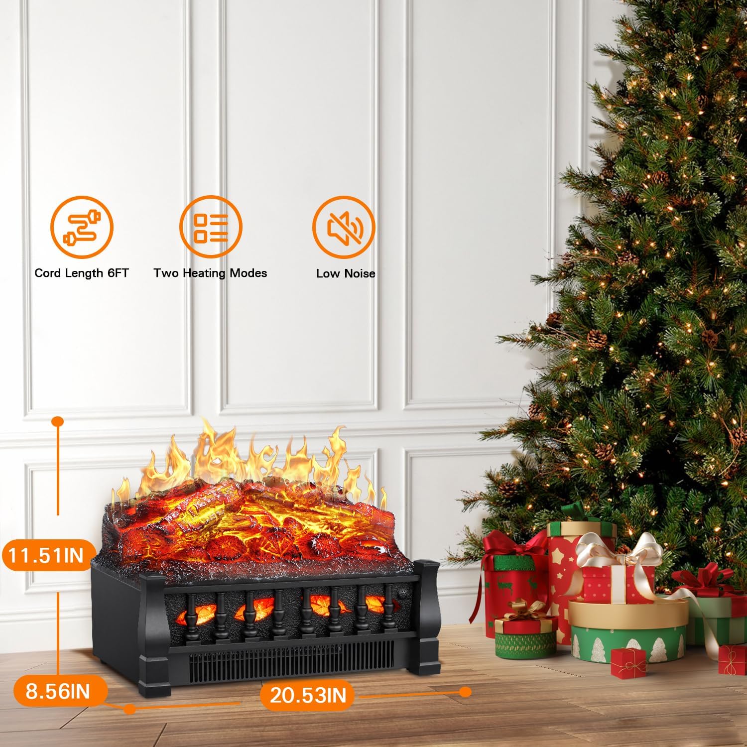 R.W.FLAME Electric Fireplace Insert Log Heater 21",750W/1500W Adjustable 5 Flame Brightness&Speed, Fireplace Insert with Realistic Ember Bed&Traditional Brown Log,Overheat Protection&Remote Control