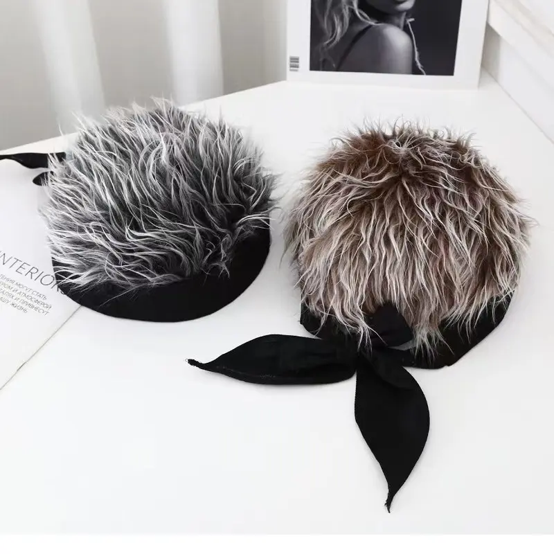 Men's Landlord Cap Handsome Simulation Wig Cap Short Hair Cap Lanyard Bow hip-hop Spoof Brimless Cap Hair Bonnet Hot flat cap