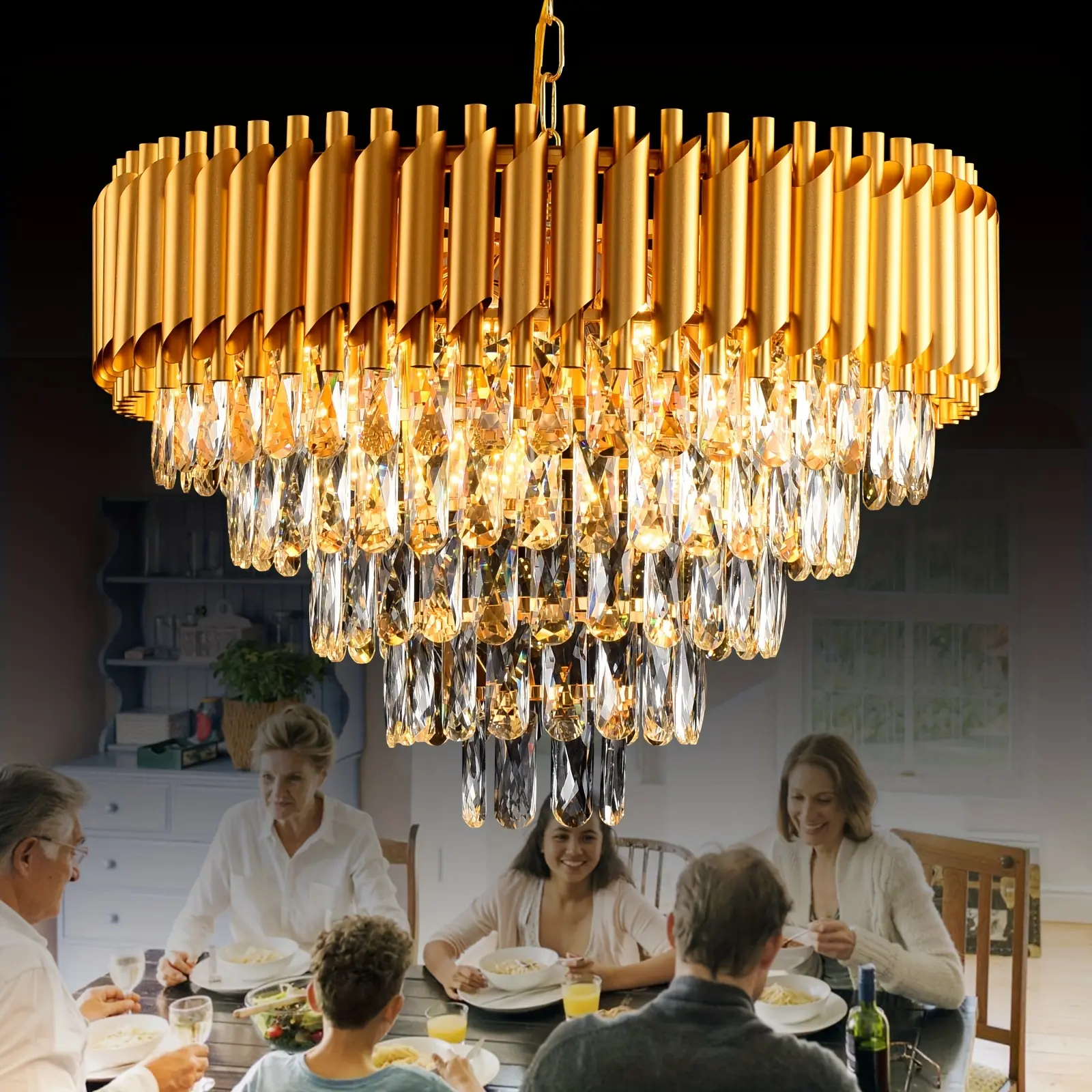 Modern Golden Crystal Chandelier, 5-Tier 23.2-Inch Height-Adjustable Raindrop K9 Crystal Pendant Light, E12 Base Fixture for Dining Room Living Room Bedroom, Luxury Home Decor, Bulbs Not Included