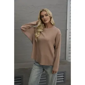 CHARTOU Women's Spring Pullover Waffle Knit Crew Neck Long Sleeve Loose Fit T-Shirt - Versatile and Soft