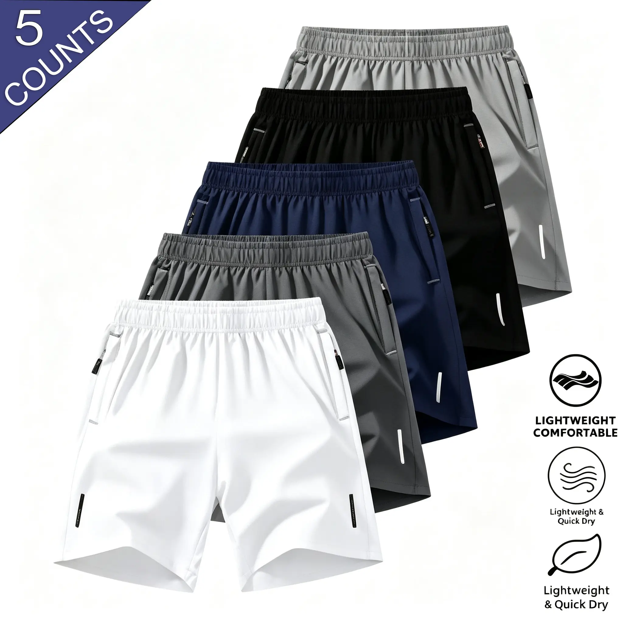 LIFE KEEPS MOVING Men’s Quick-Dry Breathable Shorts 5-Pack, Casual Sports Style, Reflective Strip Design, Skin-Friendly Breathable Smooth Comfortable Fabric, Suitable for Running, Fitness, Soccer, Badminton, Basketball, Table Tennis, Weightlifting, and Ot