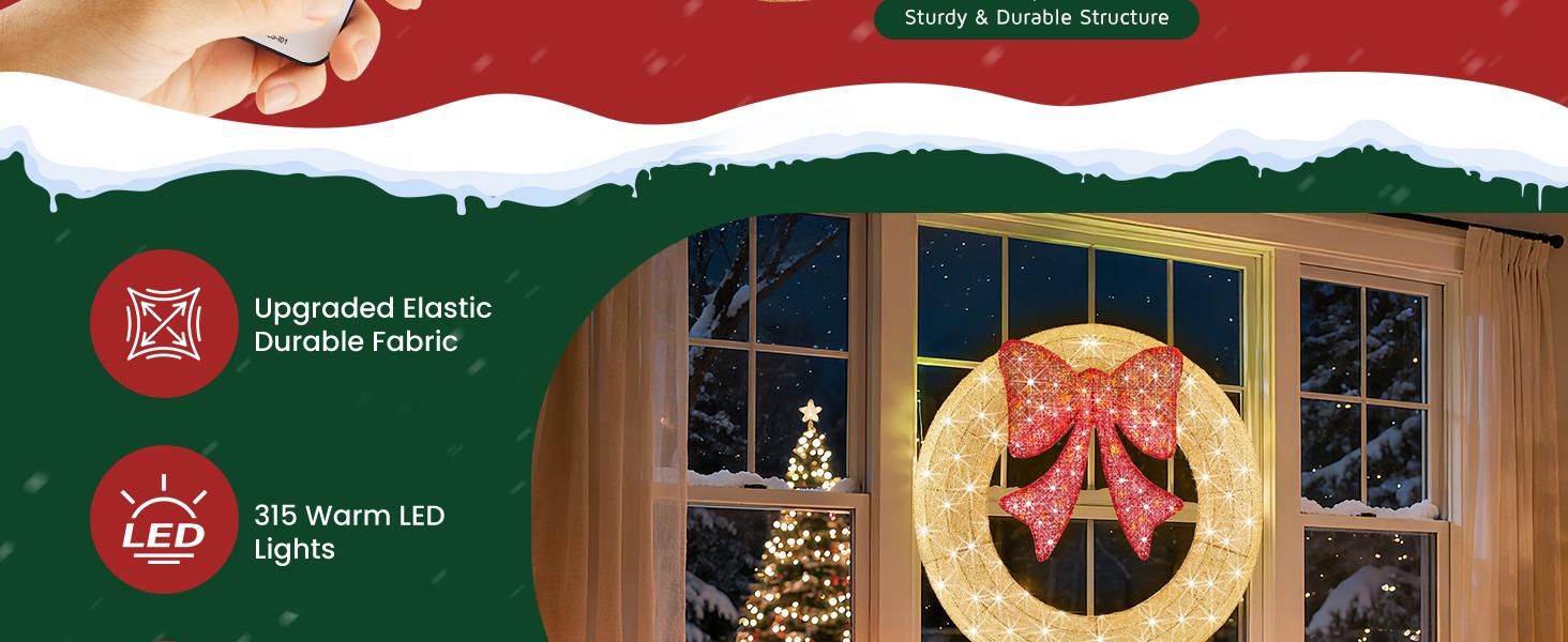 Pre-Lit Christmas Wreath, LED Lighted Holiday Outdoor Decoration with Bow for Door, Mantel, Wall, Windows, Front Door Decor, Gold Wreath