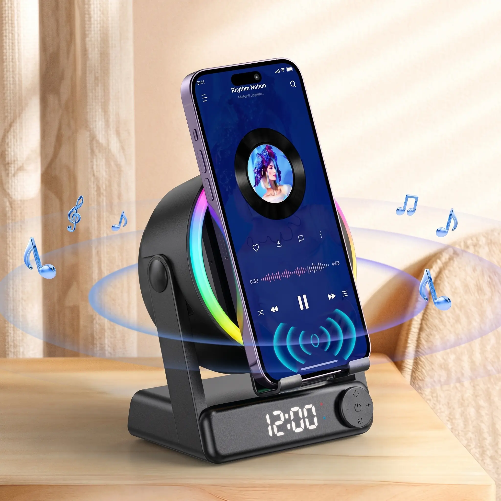 MFHHFM Wireless Induction Speaker Stand - 5-in-1 Smartphone Holder with Wireless Induction for Easy Charging, 1500mAh Emergency Power Bank, 360° Adjustable Mobile Tablet Stand, Color Changing Ambient Light, Hands-Free Portable Speaker Gift, Batteries
