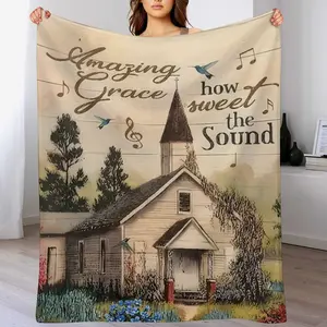 "Amazing Grace" Church Blanket, Vintage Country Chapel Christian Throw, Inspirational Gospel Song Gift, Soft Cozy Faith Home Decor for Mom/Daughter/Sister , Christian Gifts for Women Blanket  ,Mother's Day Gift for Mom