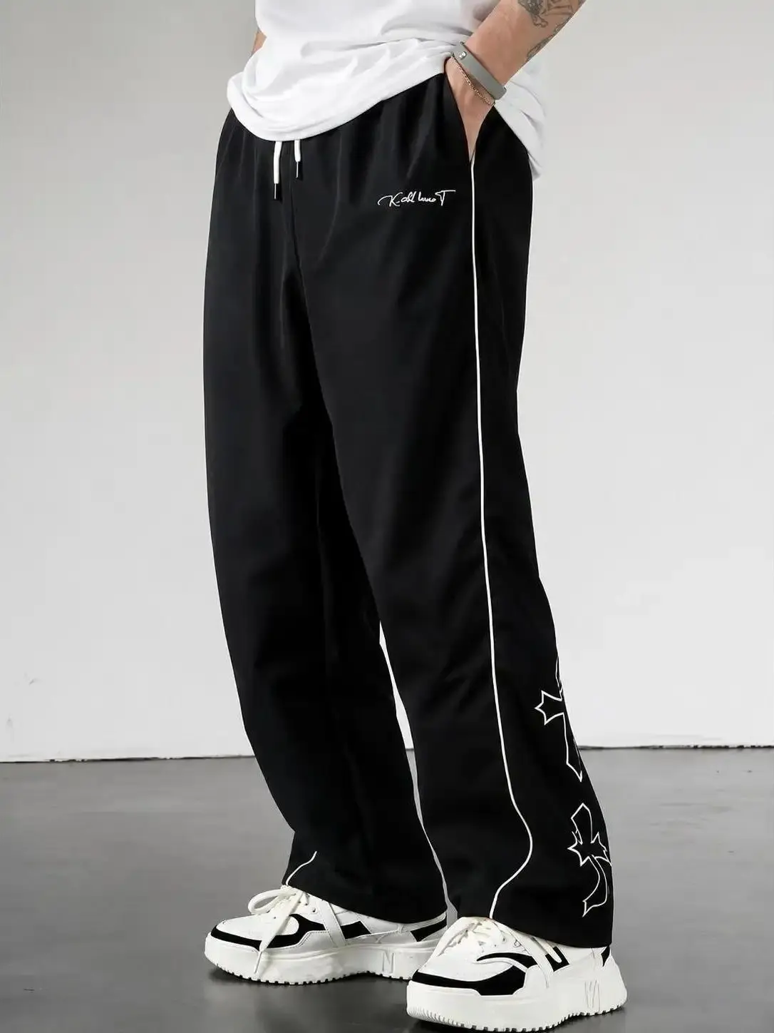 Men's Baggy Polyester Track Pants-Drawstring Contrast Side Piping Script Embroidery Gothic Cross Outline Graphic Below Ankle Relaxed Slouchy Fit All Seasons Machine Washable Y2K Streetwear Joggers Elastic Print Menswear Loose Stripe Sneakers street style