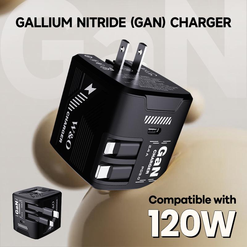 Upgraded 3-in-1 GaN Charger Compatible with 120W Fast Charging | 1.2m Retractable Lightning & Type-C Cables + Extra Type-C Port | Foldable Plug | Universal Multi-Device Travel Adapter for iPhone, Samsung, iPad