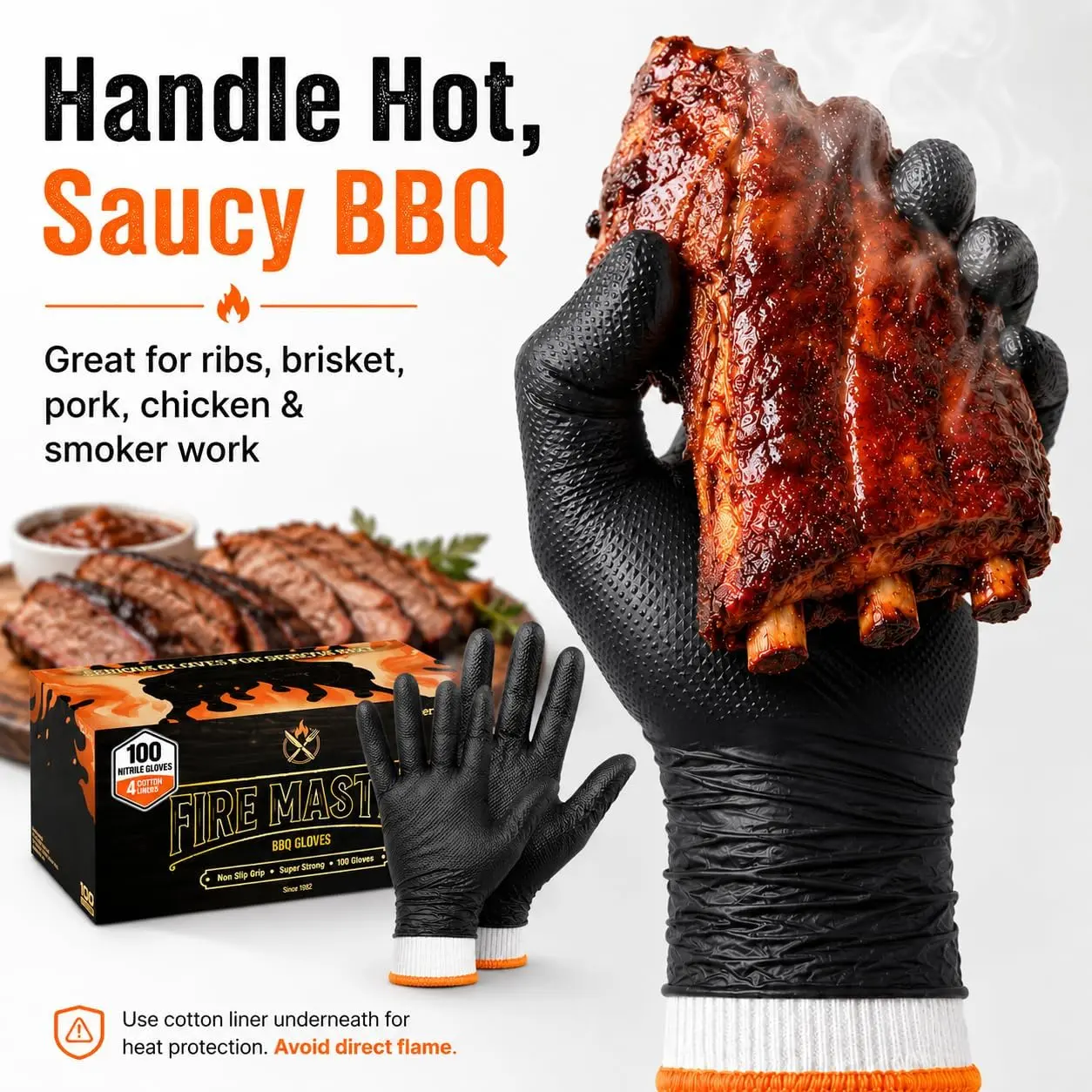 Disposable BBQ Gloves with Heat-Protection Reusable Cotton Liners, Non-Slip Diamond Texture, Ideal for Grilling, Smoking, Food Handling, Automotive & Thick Cleaning Tasks