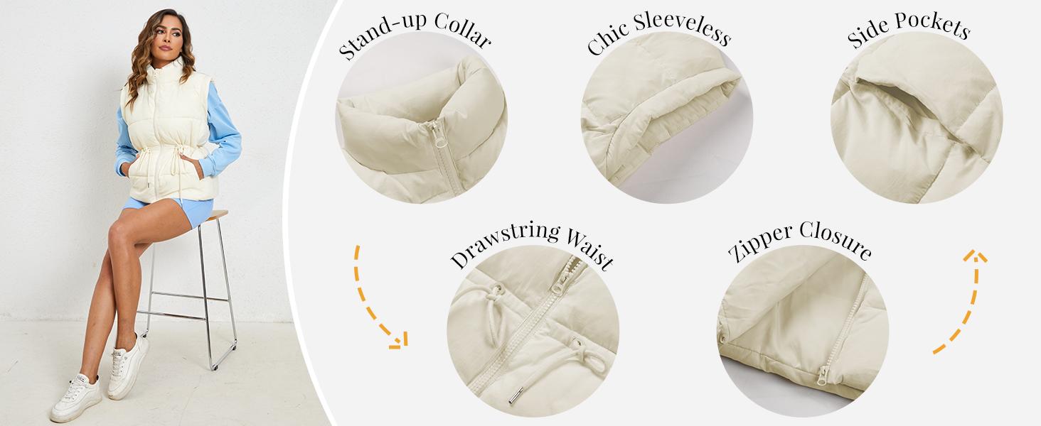 UANEO Women's Puff Vest Winter Drawstring Stand Collar Full Zip Sleeveless Padded Gilet