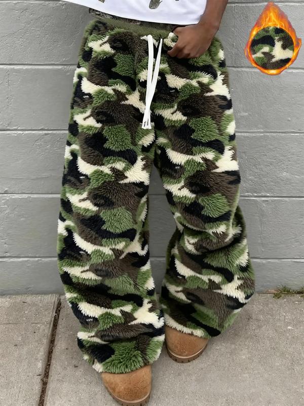 Unisex Leopard Camo Fleece Wide Leg Pants, Soft Rabbit Fur Fabric, Fall & Winter Warm Comfort, Street Hip Hop Style, Daily Wear